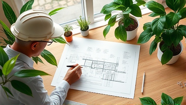 An architect sketching a biophilic design concept on a blueprint, surrounded by green plants, natural light, and wooden textures, illustrating the integration of nature-inspired elements into architectural plans.