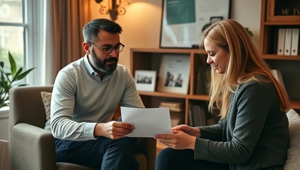 An image of a professional financial coach in a cozy office setting, engaged in a deep discussion with a client over financial documents, conveying trust and guidance in managing personal finances.
