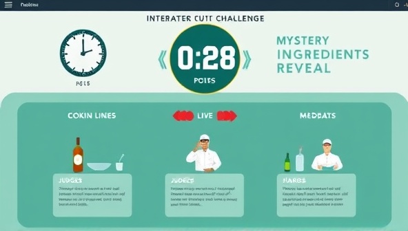 An interactive challenge platform interface featuring a countdown clock, mystery ingredient reveal, cooking stations, and a panel of judges providing live feedback to participants, creating a high-stakes culinary showdown atmosphere for aspiring chefs and food enthusiasts.