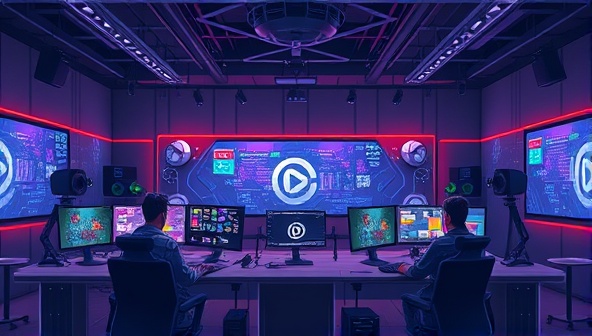 An artistic depiction of a virtual gaming studio environment with developers, designers, and sound engineers collaborating on game projects in a digital workspace, showcasing the creativity and teamwork facilitated by GameForge.