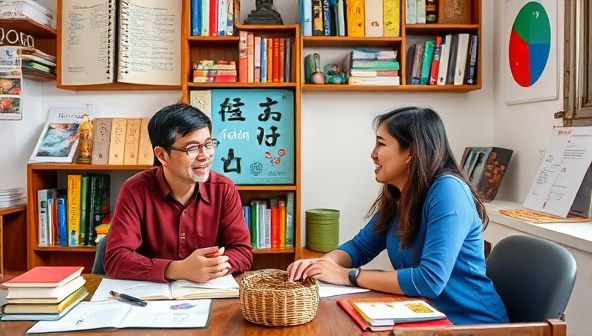A virtual language coaching session in progress, with a language coach and a student engaged in a lively conversation on a video call, surrounded by language learning materials and cultural artifacts, illustrating a dynamic and interactive learning environment.
