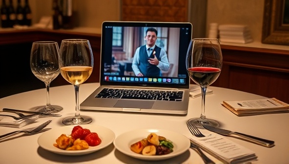 An elegant table setting with wine glasses, food pairings, and tasting notes arranged for a virtual pairing session, accompanied by a laptop screen showing a sommelier guiding participants through a culinary journey of flavors and aromas, evoking a sense of sophisticated dining and wine education.