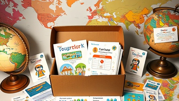 An immersive language learning environment with a subscription box opened to reveal a colorful bilingual storybook, language flashcards, and interactive puzzles, surrounded by globes and language maps, inviting subscribers to embark on a linguistic journey.