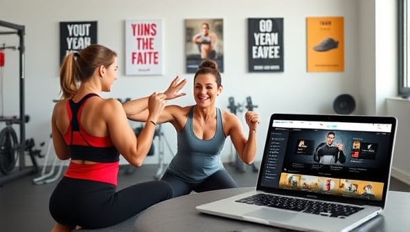 A virtual fitness coach leading an energetic workout session via video call, surrounded by workout equipment, motivational posters, and a laptop displaying the FitStream Coach platform interface.