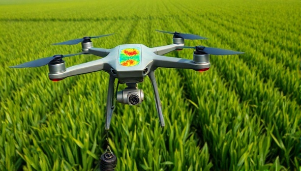 A drone hovering over a vast green field, capturing detailed images of crops with colorful analysis overlays, highlighting areas of concern and improvement for farmers.