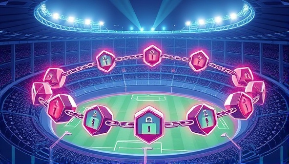 An illustration of interconnected blockchain blocks forming a chain around a sports stadium, symbolizing the integration of blockchain technology with sports betting in a secure and transparent manner.