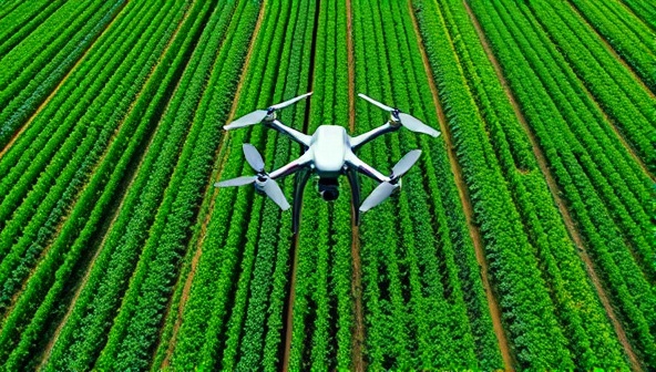 A captivating aerial shot of a lush green farm field captured by a drone, showcasing detailed crop patterns, irrigation systems, and precision agriculture techniques, illustrating the value of drone services in modern farming practices.