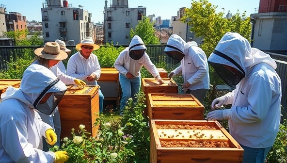 A vibrant urban rooftop garden buzzing with activity as participants in a HiveHarvest beekeeping workshop don protective gear and tend to beehives, with honeycombs glistening in the sunlight and bees gracefully pollinating nearby flowers, encapsulating the essence of urban beekeeping and sustainability.