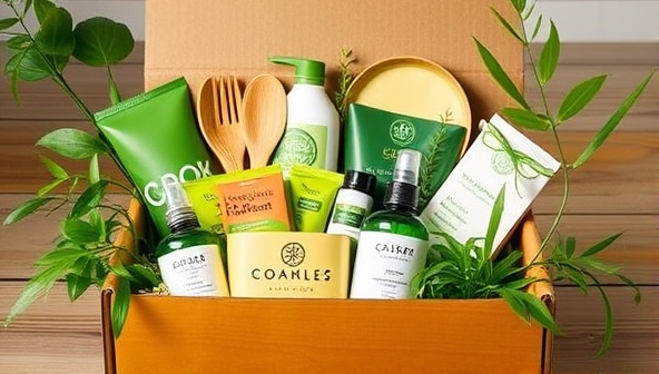 An aesthetically pleasing, eco-conscious box overflowing with vibrant green products like bamboo utensils, organic beauty items, and plant-based cleaning supplies, symbolizing sustainability and a commitment to the environment.