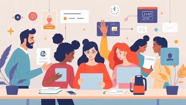 An illustration of a diverse group of content creators collaborating with AI-powered tools to craft engaging articles, design visuals, and edit videos efficiently, showcasing the seamless integration of technology and creativity in the ContentCraft platform.