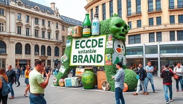 A guerrilla marketing stunt in a city square featuring a giant recycled sculpture promoting a sustainable brand, surrounded by curious onlookers and passersby taking photos and sharing the eco-friendly message on social media, capturing the essence of creative and impactful guerrilla marketing.