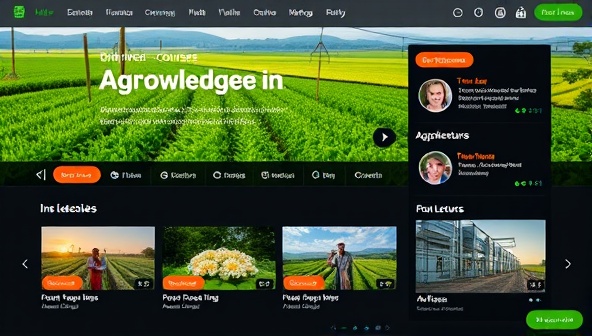 An engaging online course interface showcasing diverse agricultural topics, interactive quizzes, and video lectures, designed to be user-friendly and visually appealing, with digital farming tools and green landscapes in the background, symbolizing knowledge and growth in agriculture.