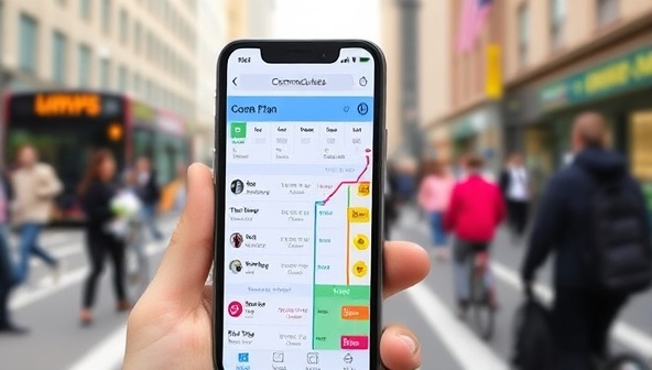 A smartphone screen displaying a personalized commute plan with various transportation options, including bus schedules, train routes, and biking paths, against a backdrop of a busy city street, showcasing the convenience and efficiency of CommuteCare's services.