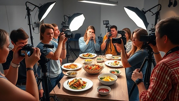 An image of a food photography workshop setup with cameras, lighting equipment, and beautifully plated dishes, surrounded by enthusiastic participants capturing images, guided by an instructor demonstrating composition techniques, creating a dynamic and creative learning environment.