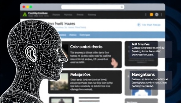 An AI algorithm analyzing a website interface for accessibility issues, with a visual representation of color contrast checks, text alternatives for images, and navigation enhancements, showcasing the advanced technology offered by Accessible AI Solutions.