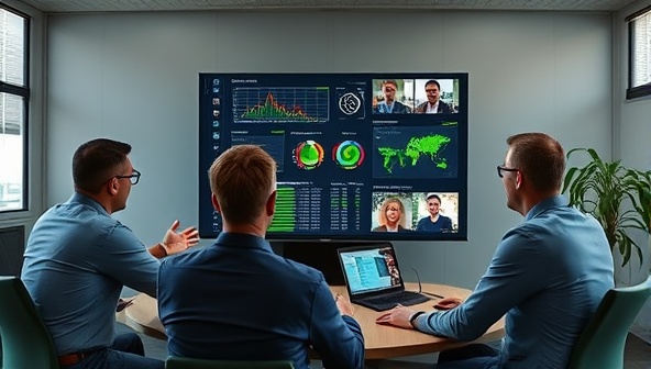 An innovative virtual consultation setup with a team of agricultural experts analyzing data, sharing insights on a digital dashboard, and engaging with clients through video conferencing, highlighting the modern and efficient consulting approach of AgriPro Insight.