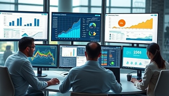 A team of data scientists analyzing mining data on multiple screens in a modern office setting, with graphs, charts, and predictive models displayed, illustrating the power of data analytics in optimizing mining operations and decision-making.