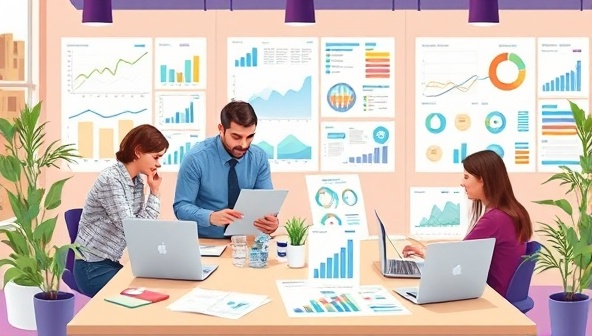 An engaging visualization of GrowthMetrics data analysts working on a diverse range of data sets and graphs, collaborating with small business owners in a vibrant office setting, symbolizing the partnership between data analytics and business growth for small enterprises.