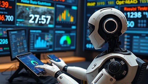 An AI-powered robot conducting automated game testing on a variety of devices and platforms, detecting and resolving bugs in real-time, with digital displays showing performance metrics and optimization results, illustrating the efficiency and reliability of the quality assurance platform.