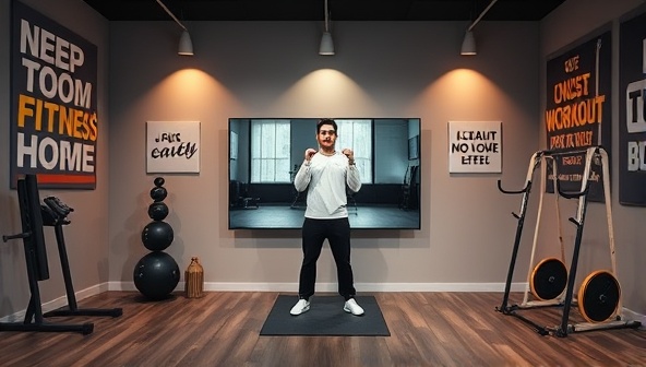 A digital fitness studio setting with a virtual coach leading a workout session on a screen, surrounded by motivational fitness quotes and energetic workout equipment, capturing the essence of virtual fitness coaching offered by FitFlex Virtual Coach.
