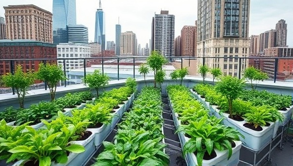 An urban rooftop transformed into a thriving hydroponic vertical farm, showcasing a variety of leafy greens and herbs growing vertically in a sleek and modern setup against a backdrop of city skyscrapers, emphasizing sustainability and innovation.