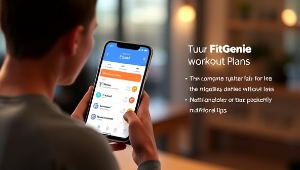 An engaging visualization of a user interacting with the FitGenie app, receiving a customized workout plan and nutritional tips, highlighting the app's user-friendly interface and personalized approach.