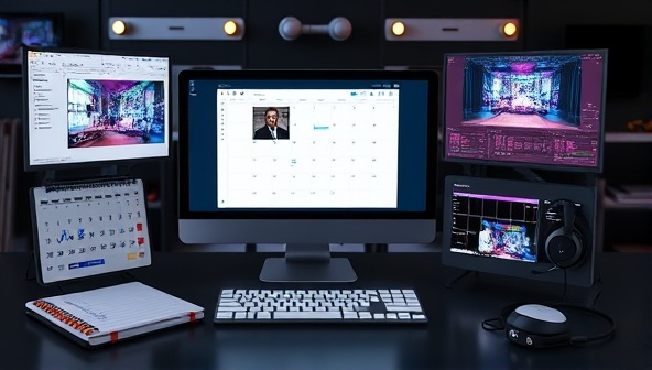 A digital workspace with multiple screens showing different virtual event setups, a calendar with event dates, a notepad with event ideas, and a headset for online coordination, illustrating a dynamic and tech-savvy event planning environment.