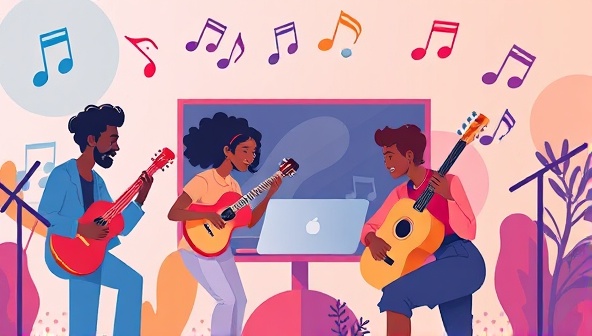 A vibrant and musical digital illustration of musicians from different backgrounds and genres collaborating virtually on a music project, with musical notes and instruments floating in the digital space, symbolizing the harmonious and creative environment of HarmonyHub Online.