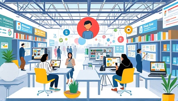 A dynamic visual representation of a digital marketplace bustling with activity, featuring clients and writers interacting virtually to exchange ideas and collaborate on content creation projects, reflecting efficiency and creativity in a virtual workspace.