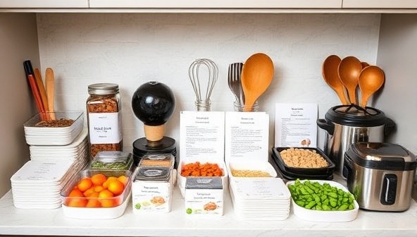 An elegant and organized meal prep station with neatly arranged ingredients, recipe cards, and cooking utensils, showcasing the convenience and efficiency of using CustomCuisine's personalized meal plans.