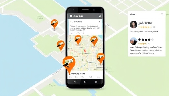 An interactive mobile app interface displaying a map with animated food truck icons moving in real-time, accompanied by user reviews, ratings, and food truck photos, creating a dynamic and engaging platform for food truck enthusiasts.