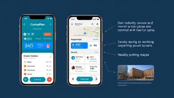 A sleek and modern app interface mockup showing CommutePlan Pro's commute planning features, with real-time traffic updates, parking suggestions, and nearby coworking spaces highlighted, illustrating convenience and productivity for remote workers.