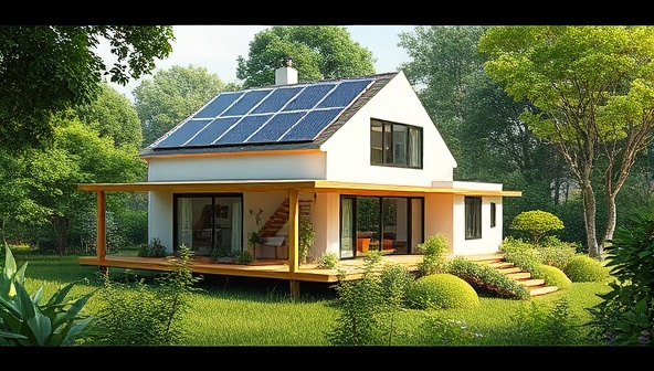 An architectural visualization of a sustainable eco-home surrounded by lush greenery, solar panels on the roof, and rainwater harvesting systems, illustrating the harmony between modern design and nature.