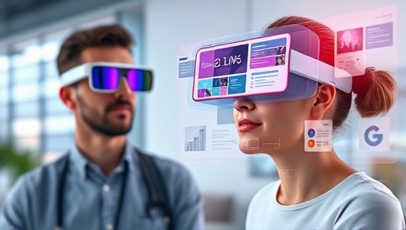 An immersive visual representation of a client wearing AR glasses and interacting with a virtual web design consultant, visualizing website elements floating in the air, with a digital overlay of design feedback and customization options, showcasing the futuristic and interactive nature of AR Design Consult's consultation service.
