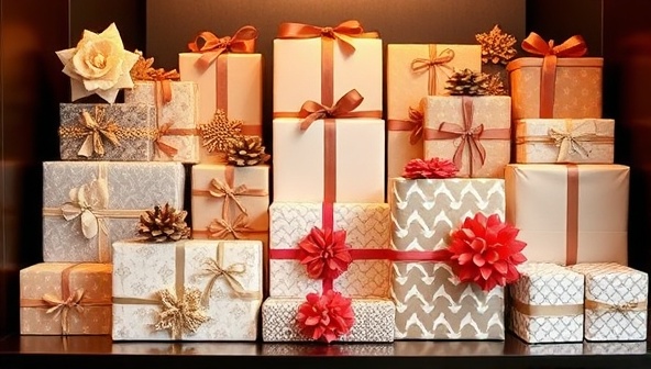 An elegant gift wrapping station with an assortment of beautifully wrapped presents, ribbons, and decorative accents, exuding a sense of luxury and thoughtfulness in gift presentation.
