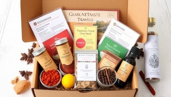 An enticing display of a Global Taste Travels subscription box filled with exotic spices, colorful ingredients, recipe cards, and cultural notes, evoking a sense of culinary exploration and international gastronomic delight.