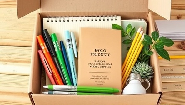 An assortment of eco-friendly school supplies neatly arranged in a recyclable subscription box, featuring biodegradable pens, recycled paper notebooks, and plant-based stationery, conveying a message of sustainability and environmental stewardship.