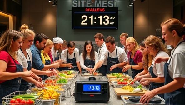 An energetic group of participants in a cooking challenge, surrounded by colorful ingredients, chef mentors, and a timer, capturing the excitement and teamwork of the interactive food experience event in a dynamic and engaging setting.