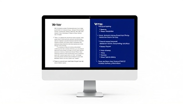 An engaging visual of a computer screen split into two sections, with the left showing a writer typing content and the right displaying the AI tool making real-time suggestions, creating a dynamic and interactive writing process.