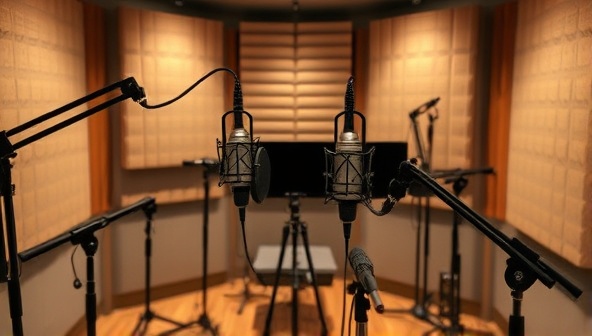An artistic representation of a podcast studio setup, with microphones, soundproofing panels, and recording equipment, capturing the essence of a professional and engaging podcast production environment.