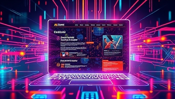 An artistic representation of a futuristic AI algorithm creating a visually stunning website layout, with digital data streams and vibrant colors symbolizing innovation and dynamic design evolution.