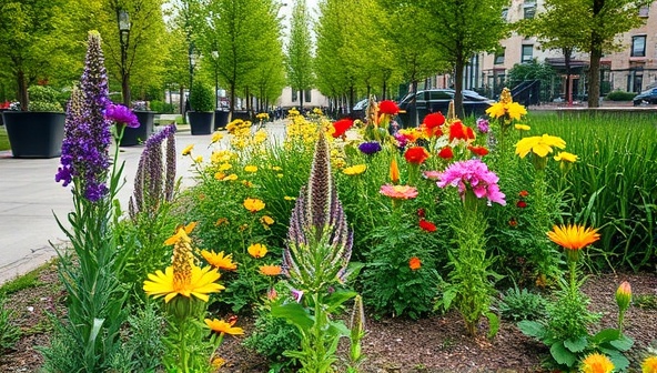 An urban park scene with vibrant wildflowers blooming in unexpected places, showcasing the beauty and impact of seed bombs in transforming urban landscapes into colorful, biodiverse habitats, symbolizing community engagement and environmental stewardship.
