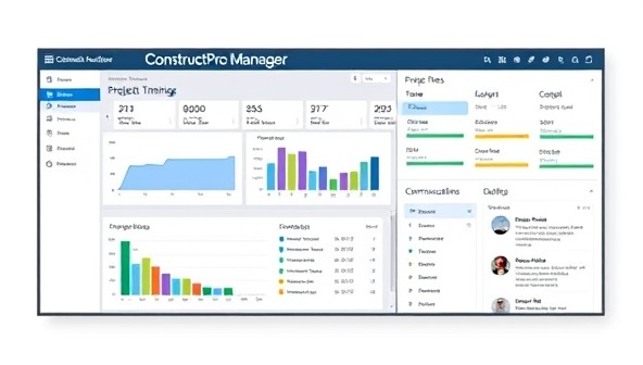 An interface mockup of ConstructPro Manager displaying project timelines, budget tracking tools, and communication features, highlighting the software's user-friendly design and comprehensive project management capabilities.