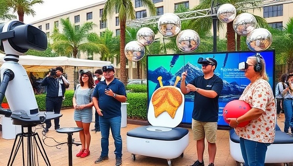 An interactive VR setup in a vibrant outdoor setting, showcasing delighted customers experiencing virtual adventures, surrounded by futuristic VR equipment and enthusiastic staff members, conveying excitement and innovation.