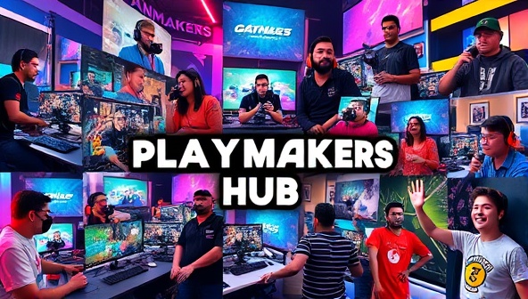An exciting collage of gaming content creators recording gameplay videos, streaming live on platforms, and interacting with their audience, set against a backdrop of colorful gaming graphics and merchandise, showcasing the vibrant and dynamic community of PlayMakers Hub.