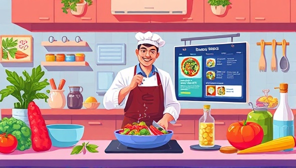 An appetizing digital illustration showcasing a virtual cooking class experience with a chef guiding participants through a vibrant culinary journey, featuring fresh ingredients, cooking utensils, and a digital recipe display, evoking the excitement and creativity of virtual cooking adventures.