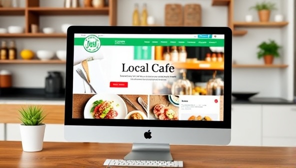 An image of a computer screen displaying a vibrant website template for a local cafe, with images of food, an online menu, and customer reviews, showcasing the potential of the subscription service for small businesses.