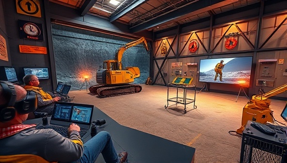 An immersive VR training environment depicting a mining site with interactive equipment controls, safety scenarios, and emergency simulations, showcasing the realism and effectiveness of the VirtualMine Training Solutions platform in enhancing mining personnel skills and safety awareness.