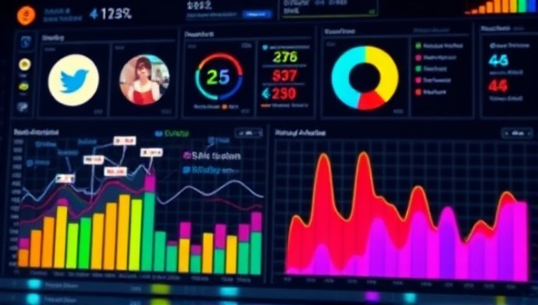 A futuristic digital dashboard displaying real-time social media analytics with colorful graphs and charts, symbolizing data-driven decision-making and digital innovation.