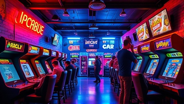 An arcade bar setting with neon lights, vintage arcade cabinets, and VR gaming pods in a retro-futuristic design, customers playing games and enjoying drinks, creating a lively and engaging atmosphere that blends nostalgia with modern gaming technology.